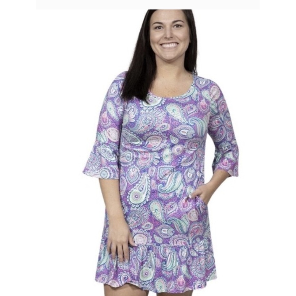 Simply Southern Paisley Ruffle Hem Dress Purple Pink Teal Keyhole Pockets Small